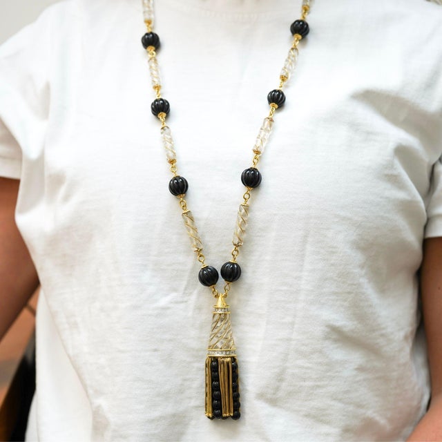 Gold Vintage 18k Gold Tassel Necklace Quartz Black Onyx Diamond - 30 Inches For Sale - Image 8 of 10