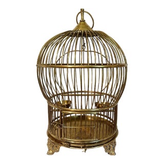 Vintage Large Solid Brass Globe Shaped Hanging BIrd Cage W/Feeding Bowls For Sale