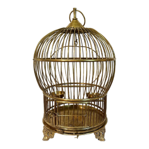 Vintage Large Solid Brass Globe Shaped Hanging BIrd Cage W/Feeding Bowls