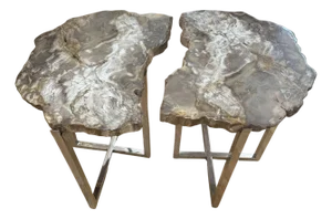 Pair of Mid 20th Century Chrome Tables With Petrified Wood Tops