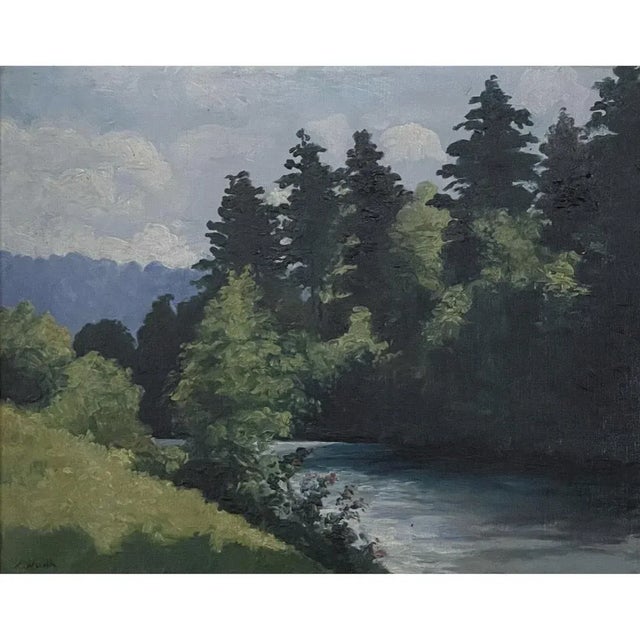 Antique Framed Oil Painting on Canvas by Xavier Wurth (1869-1933) is a captivating work depicting the Ourthe River valley....