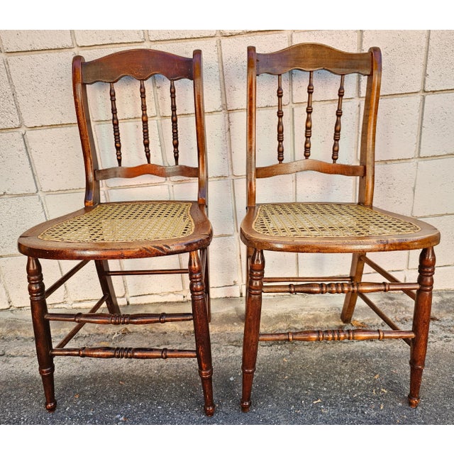 Victorian Pair Victorian Mahogany Spindle and Cane Seat Side Chairs With Custom Cushion For Sale - Image 3 of 7