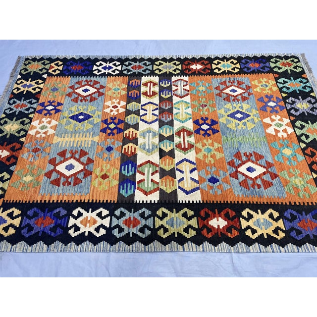 Art Deco 5'6" X 8'2" Multicolor Afghan Chobi Geometric Wool Flatweave Kilim Rug For Sale - Image 3 of 16