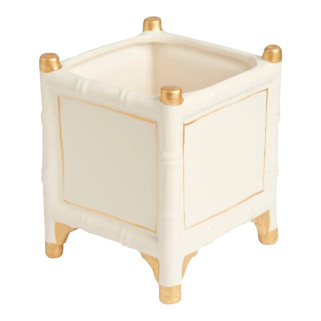 Bamboo Cachepot, White/Gold, Large For Sale