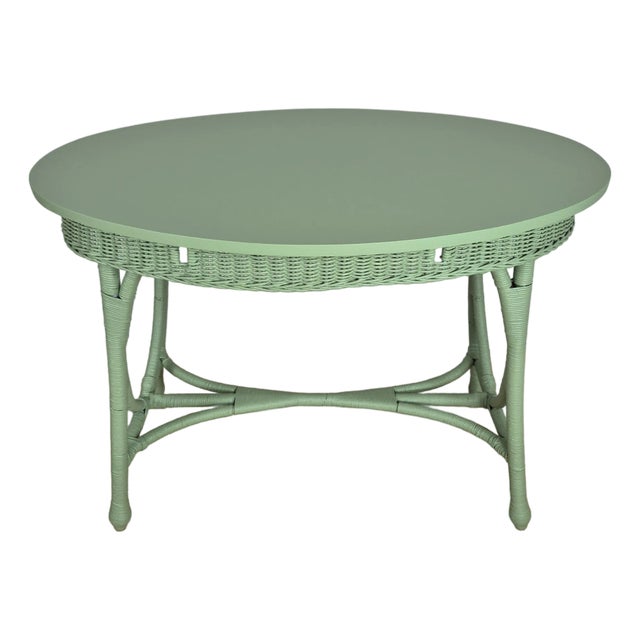 Early 20th Century Celery Green Painted Wicker Oval Sofa Console Table Desk Vanity For Sale