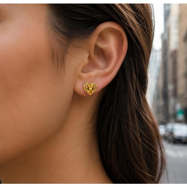 Metal Geometric Heart Citrine Stud Earrings, Silver, Gold, Pair For Sale - Image 7 of 9