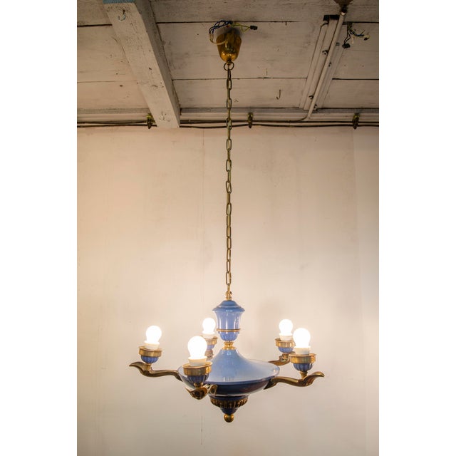 Art-Deco Enamel Blue and Brass Chandelier by Emile Jacob, 1920s For Sale - Image 4 of 6