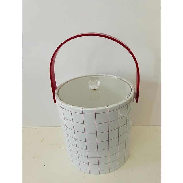 Vintage MCM ice bucket red handle, clear lucite cover and red checkers on white, cute and impressive.
