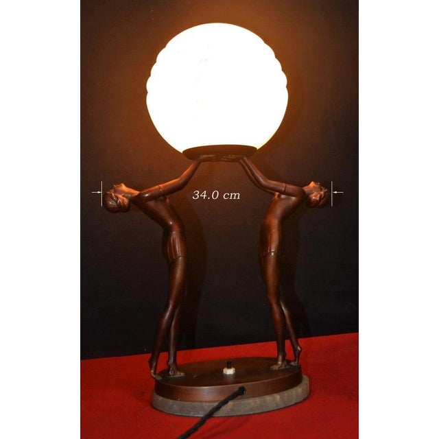 Art Deco French Figural Dancer Table Lamp with Marble Base and Glass Globe, 1930 For Sale - Image 9 of 18