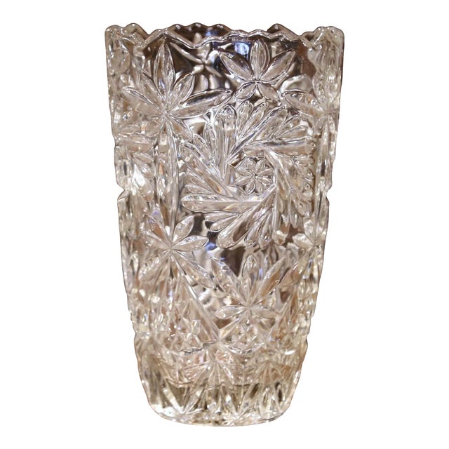 Vintage French Cut Glass Vase With Etched Floral Motifs For Sale