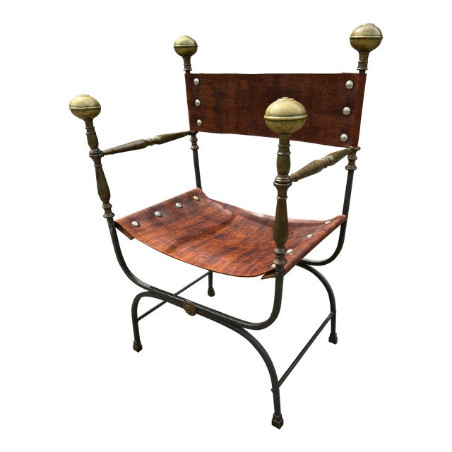Vintage Italian Wrought Iron, Brass & Leather Curule Chair For Sale