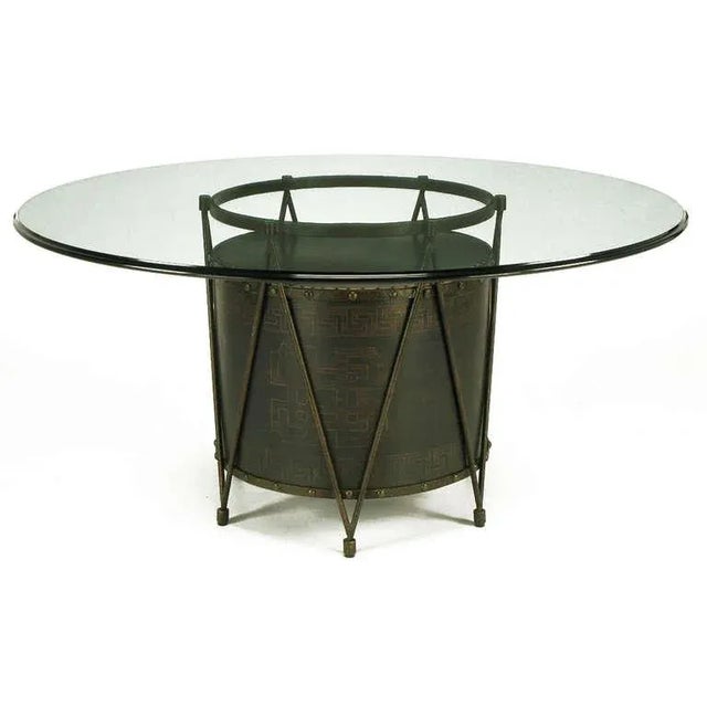 Unexpected bronze stamped drum table base with Greek key design. Six legs come together with the repeated V-shape bronze...
