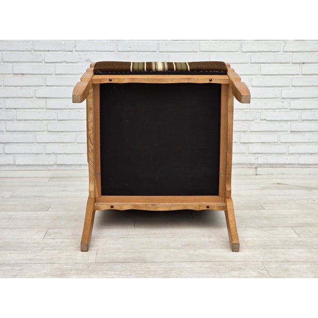 Danish Armchair in Striped Furniture Wool and Carved Oak Wood, 1970s For Sale - Image 13 of 17