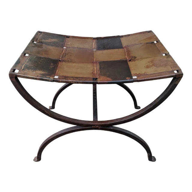 Vintage Wrought Iron Curule Style Stool Ottoman For Sale