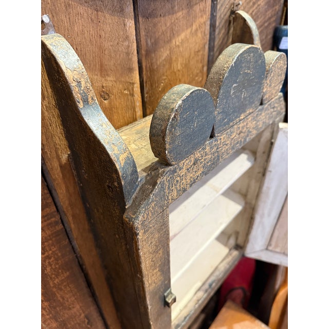 1900 - 1909 Antique Quebec Pharmacy Wall Cabinet Original Blue Paint Folk Art For Sale - Image 5 of 9