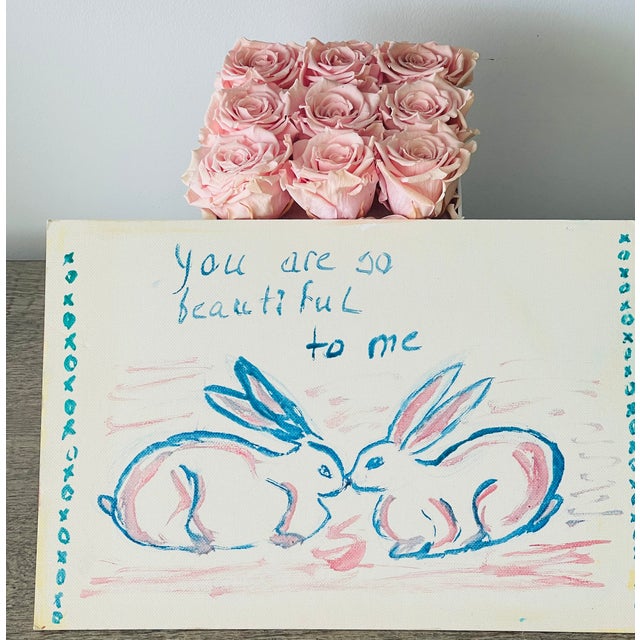 Abstract 1970s Original Romantic Rabbits Sketch Painting Oil on Board For Sale - Image 3 of 4