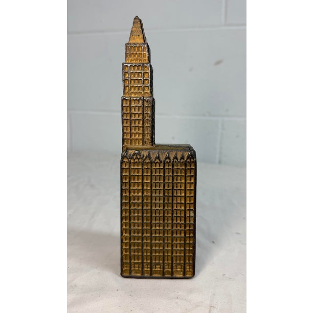 Antique 1910 Gold Tone Cast Iron Still Coin Penny Bank Woolworth Building Kenton For Sale In New York - Image 6 of 10