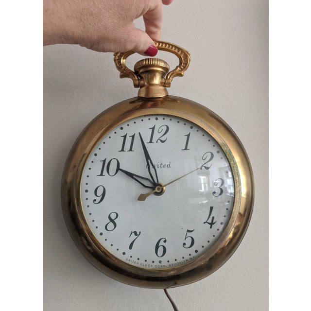 Vintage Brass Pocket Watch Style Electric Plug in Wall Clock For Sale - Image 11 of 11