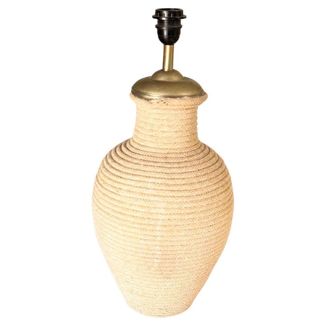Large Ceramic Lamp in Wrapped in Light Rope & Brass Top For Sale - Image 11 of 11