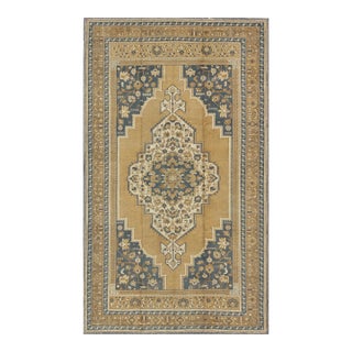 Mid 20th Century Vintage Turkish Oushak With Floral Medallion in Mustard Olive Blue and Cream For Sale