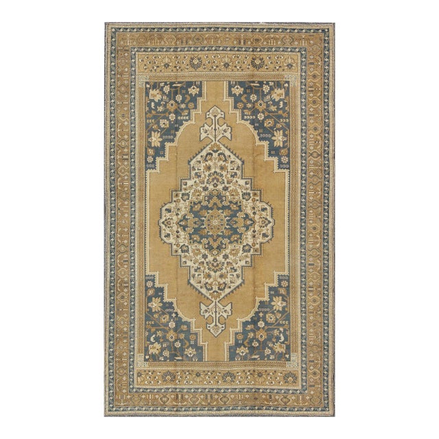 Mid 20th Century Vintage Turkish Oushak With Floral Medallion in Mustard Olive Blue and Cream For Sale