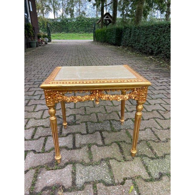 Late 20thC French Louis XVI Gold Beech Marble Nesting Tables - Pair For Sale - Image 6 of 18