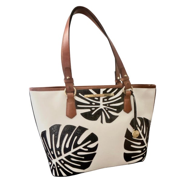 Vintage Brahmin Monaco Palm Leaf Zip Top Tote – White Textured Leather with Black Patent Croc Embossed Monstera Appliqué,...