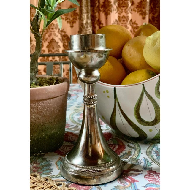 Vintage Cast Pewter Ecclesiastical Altar Style Candlestick With Ornate Detailing on the Stem & Base. The wax pan, capital,...