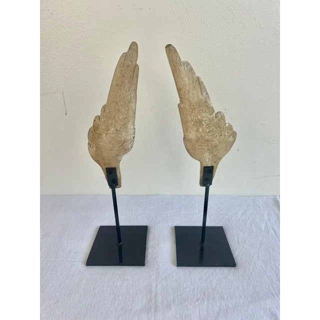 Neoclassical Distressed Neoclassical Wood Carved Wings on Iron Bases, Italy, 1900s For Sale - Image 3 of 8