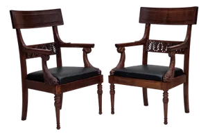 Armchairs in Carved Teak and Leather after Georges Jacob, 1920s-1930s, Set of 2
