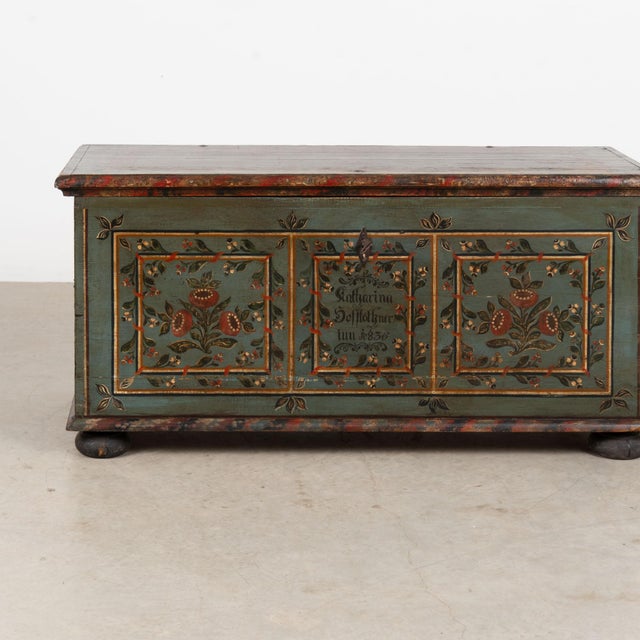 1836 Hungarian Original Hand-Painted Teal Flat Top Pine Trunk For Sale - Image 10 of 18