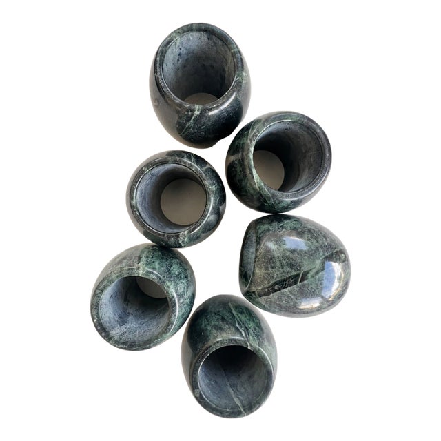 Vintage Sculptural Green Marble Napkin Rings, Set of 6 | Organic Modern For Sale