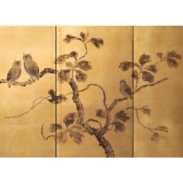 "Owl Family" by Shunko, Late Showa Painted Japanese Byobu Screen For Sale - Image 4 of 18