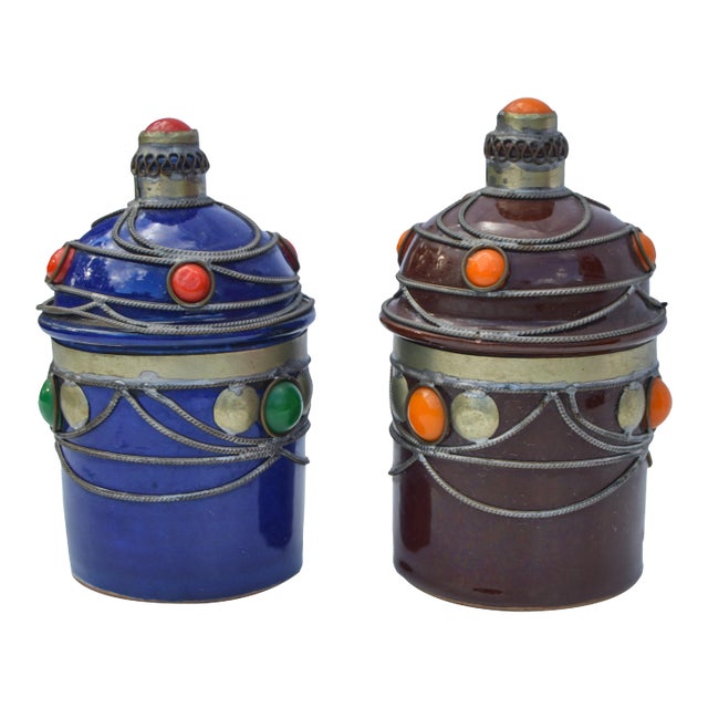 Moroccan Ceramic Jars W/ Inlay, S/2 For Sale