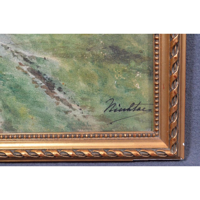 Antique French Signed Watercolor Landscape With Country Path, Gilt Frame, Circa 1900 For Sale - Image 6 of 12