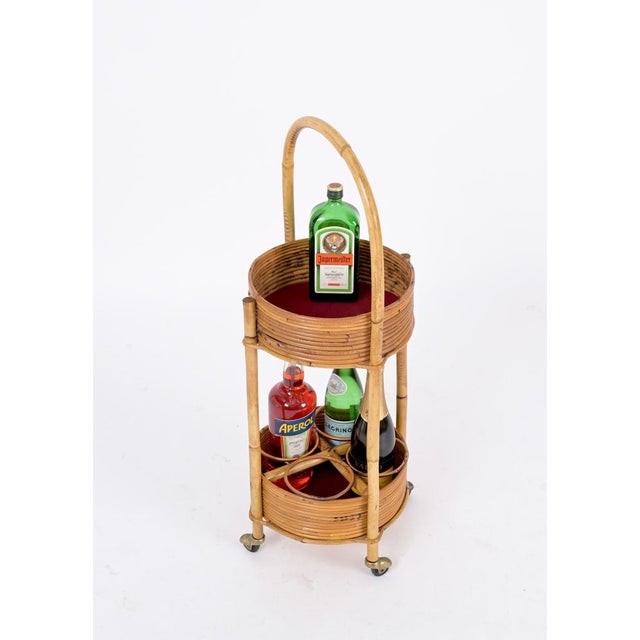 Italian Bar Cart Trolley in Bamboo, Rattan and Red Velvet, 1960s For Sale - Image 13 of 15