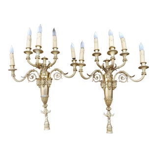 Pair of Oversized French Louis XVI Style Dore Bronze 5 Light Sconces For Sale