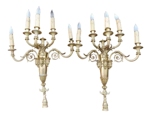 Pair of Oversized French Louis XVI Style Dore Bronze 5 Light Sconces