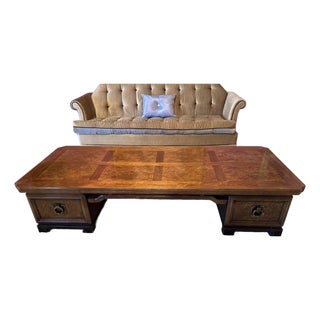 Vintage 1970 Thomasville San Sei Pecan and Burl Wood Oversized Coffee Table With Drawers For Sale