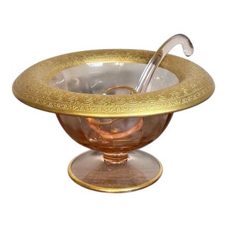 Antique 1930’s Gilded Pink Depression Glass Footed Condiment Bowl With Ladle For Sale