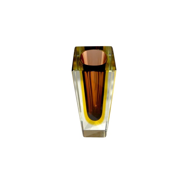 This is a stunning square faceted Mandruzzato sommerso vase in burnt umber and canary yellow. The crisp angles and...
