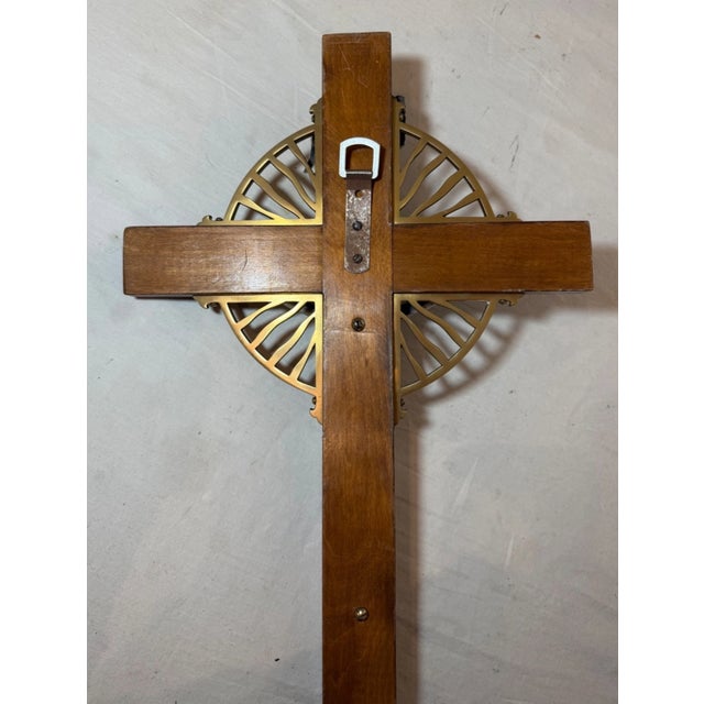 Large Vintage Church Used Wood Brass Ceremonial Processional Crucifix Cross For Sale - Image 13 of 13