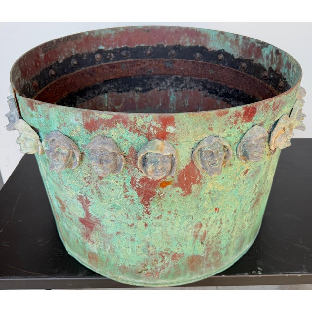 Pair Gothic Revival Verdigris Copper Planters Applied Medieval Heads, circa 1900 For Sale - Image 9 of 18