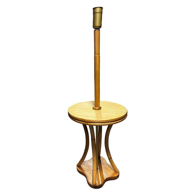 Mid-Century Modern Restored Rattan & Mahogany Hourglass Side Table Torchiere Floor Lamp For Sale - Image 3 of 8