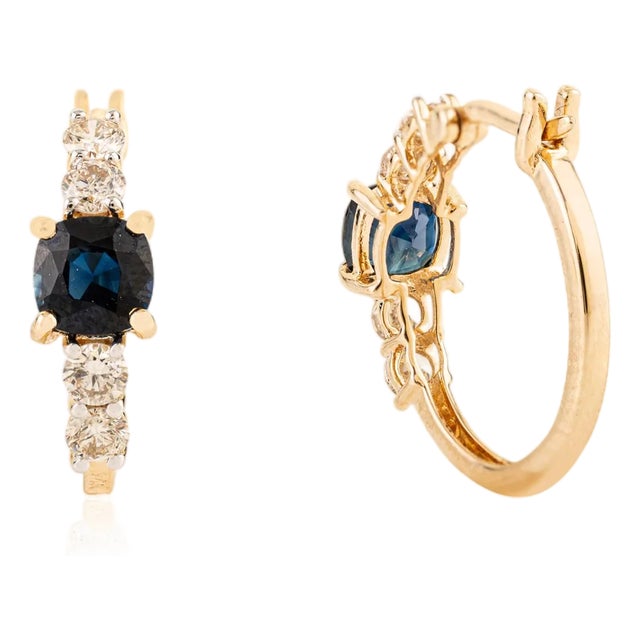 1.48 Ct Blue Sapphire & Diamond Huggie Hoop Earrings Gift in 14k Yellow Gold- A Pair For Sale