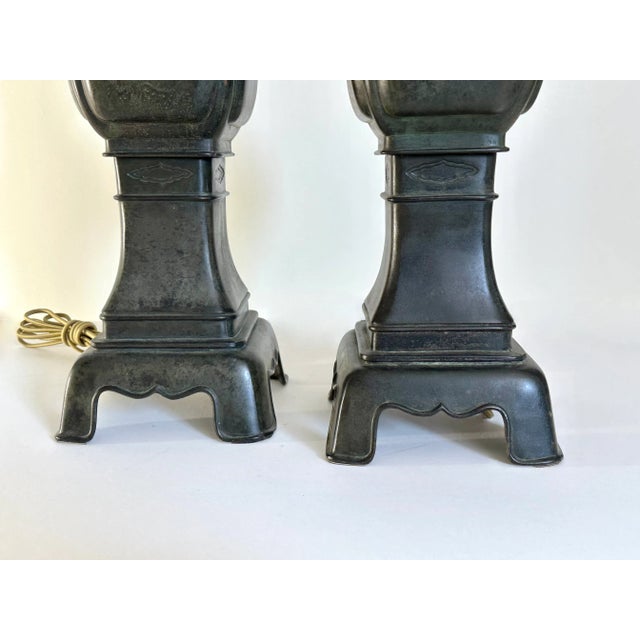 1960s Pair of 1960s Gu Form Archaistic Chinese Style Verdigris Bronzed Lamps For Sale - Image 5 of 11