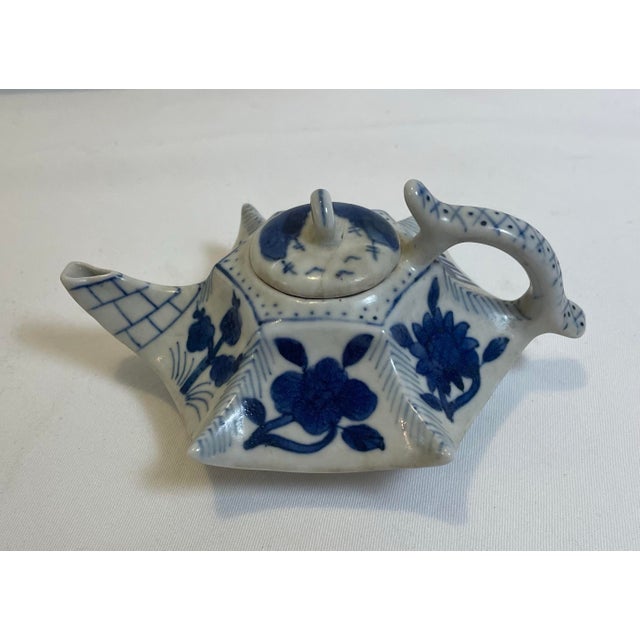 Asian Vintage Tiny Blue and White Asian Pitcher With Lid For Sale - Image 3 of 8