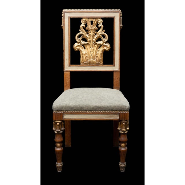 A rare set of six oak painted, carved and gilt dining chairs attributed to Jansen circa 1940.