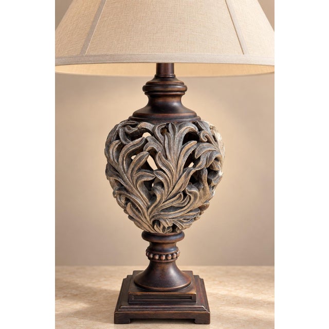 Vintage Transitional Pierced Acanthus Urn Table Lamp With Natural Linen Shade For Sale - Image 4 of 6