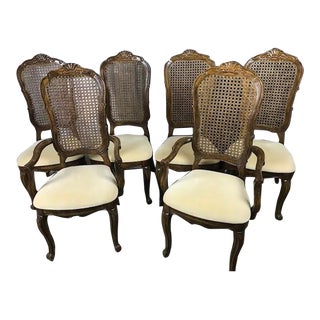 Thomasville Country French Provincial Gold Velvet Cane Back Dining Chairs - Set of 4 For Sale